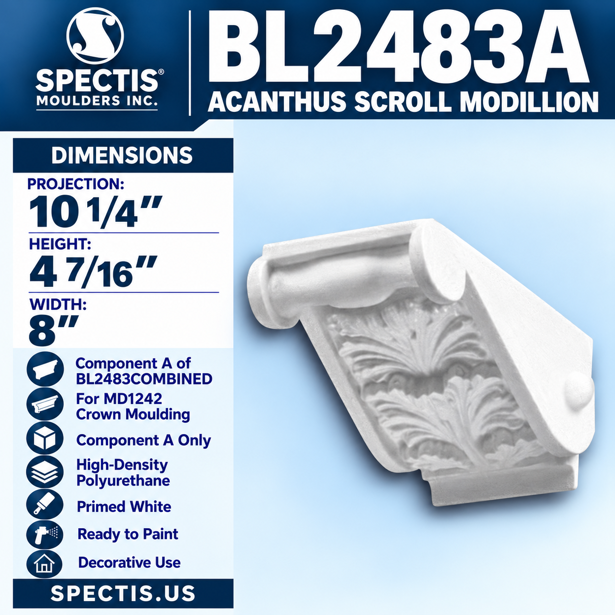 BL2483A Acanthus Scroll Modillion 8"W x 4.4375"H x 10.25"P
