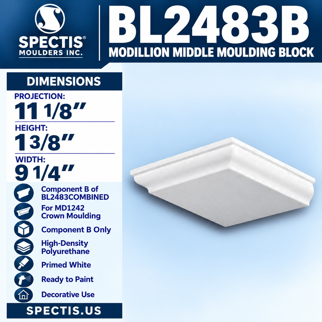 BL2483B Modillion Middle Moulding Block 9.25"W x 1.375"H x 11.125"P