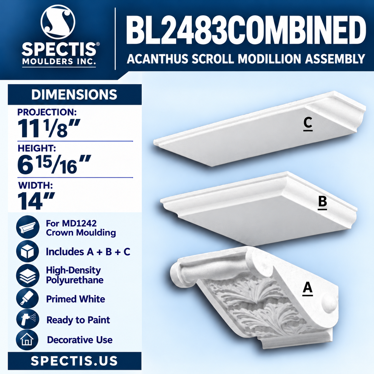 BL2483COMBINED Acanthus Scroll Modillion Assembly 14"W x 6.9375"H x 11.125"P