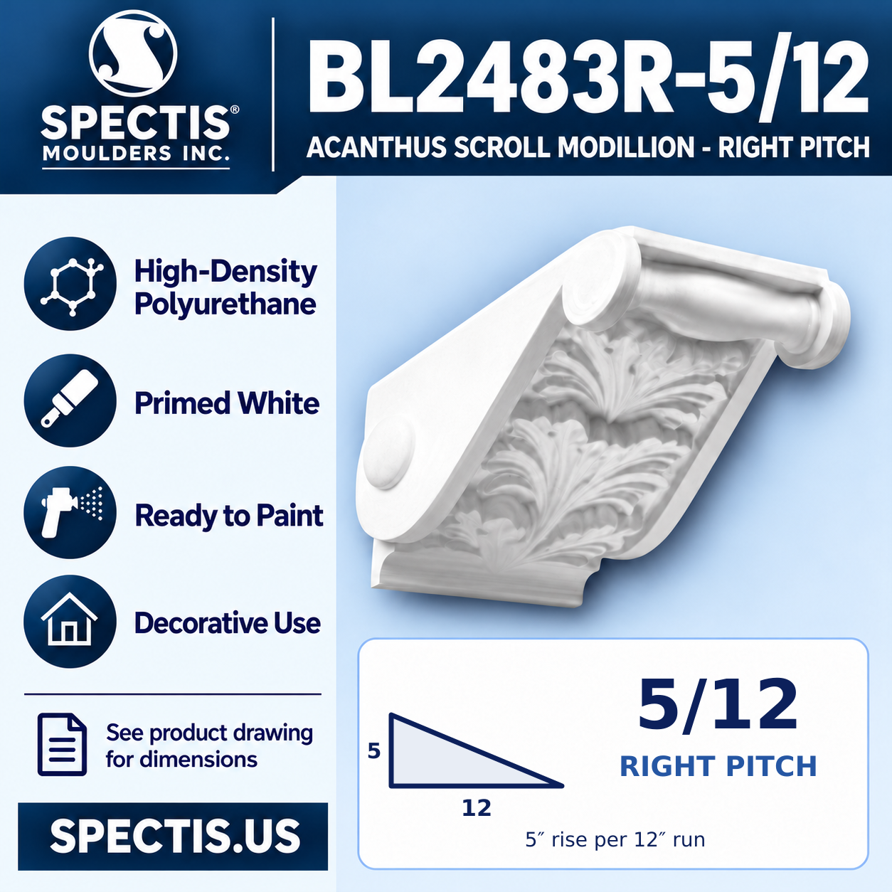 BL2483R-5/12 Acanthus Scroll Modillion - Right Pitch with 5/12 pitch triangle