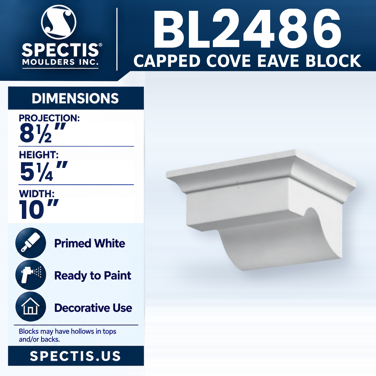 BL2486 Capped Cove Eave Block 10"W x 5.25"H x 8.5"P