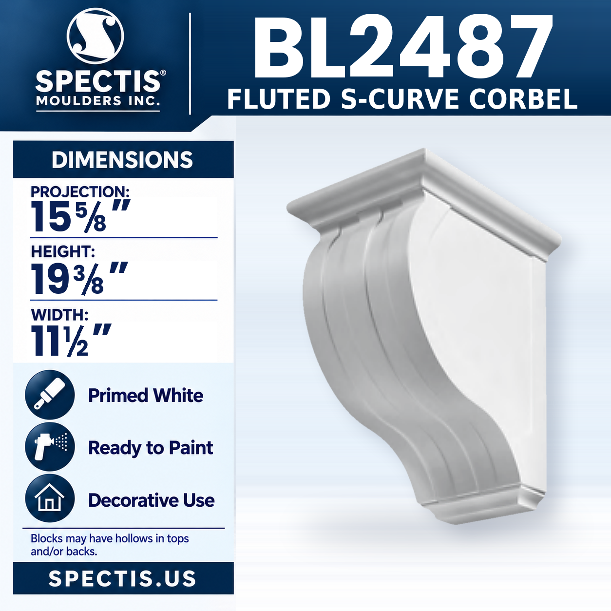 BL2487 Fluted S-Curve Corbel 11.5"W x 19.375"H x 15.625"P