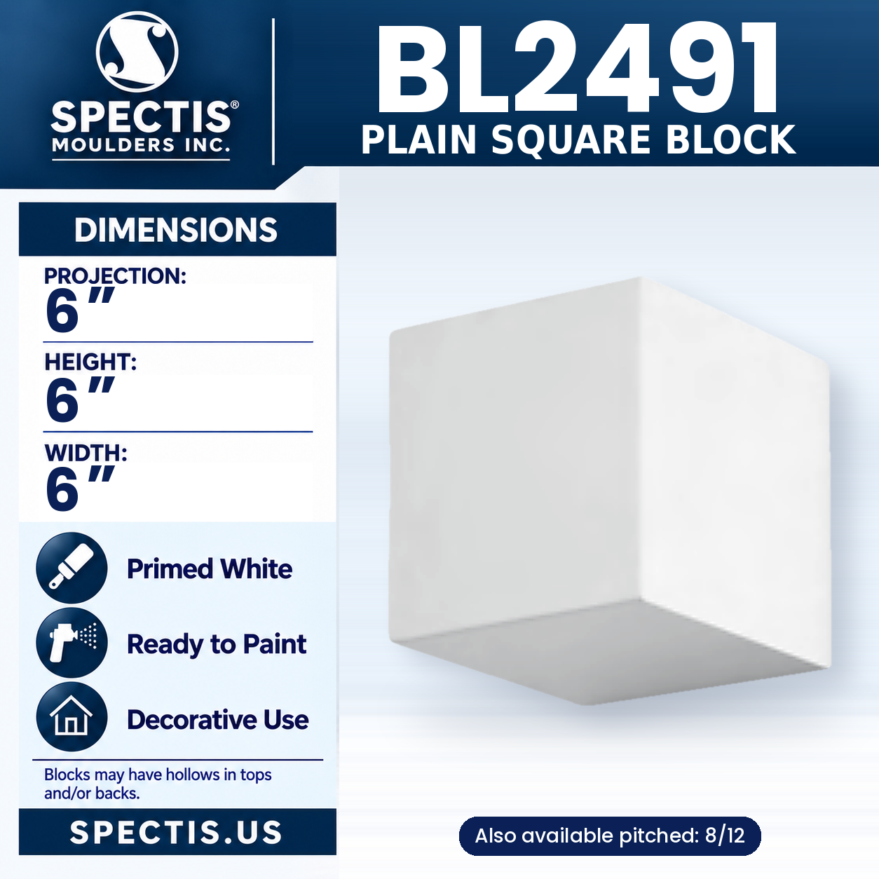BL2491 Plain Square Block 6"W x 6"H x 6"P