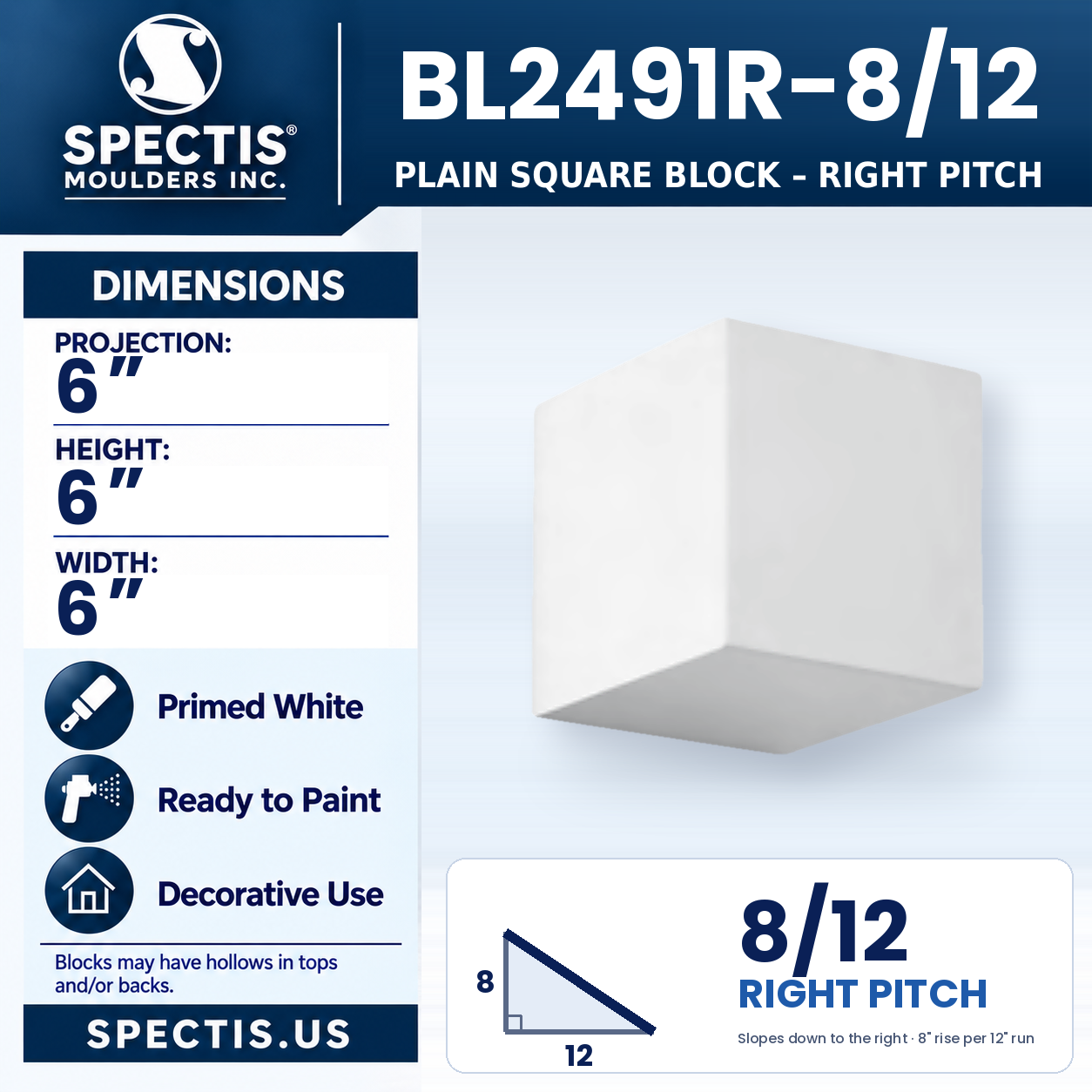 BL2491R-8/12 Plain Square Block Right Pitch 6"W x 6"H x 6"P