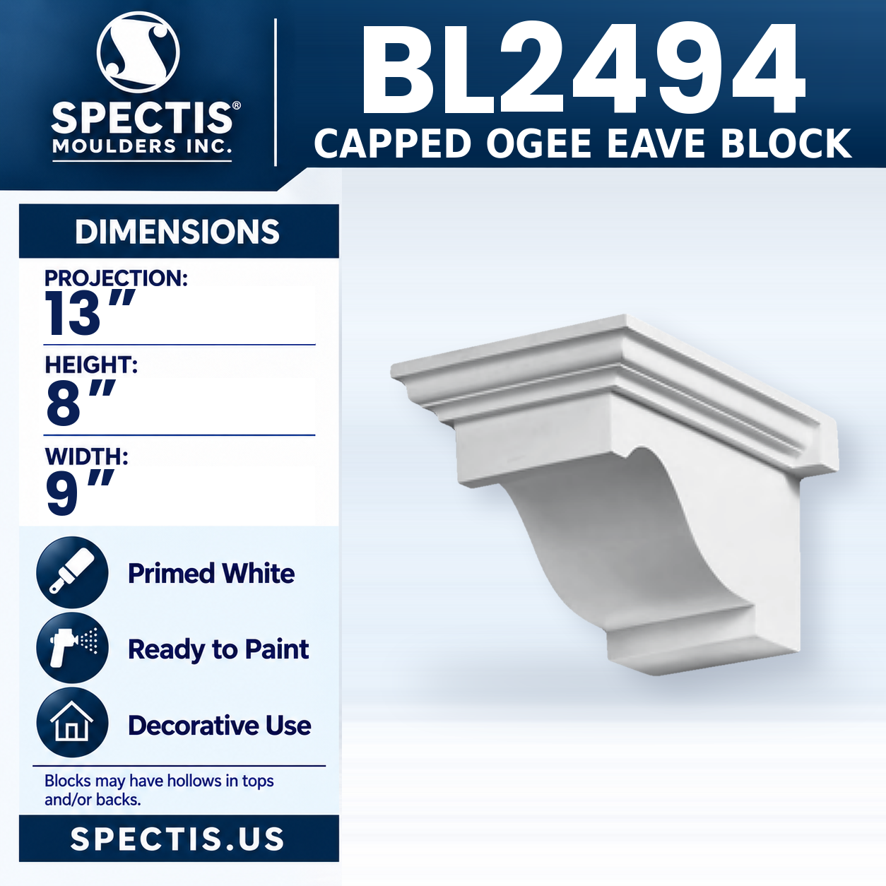 BL2494 Capped Ogee Eave Block 9"W x 8"H x 13"P