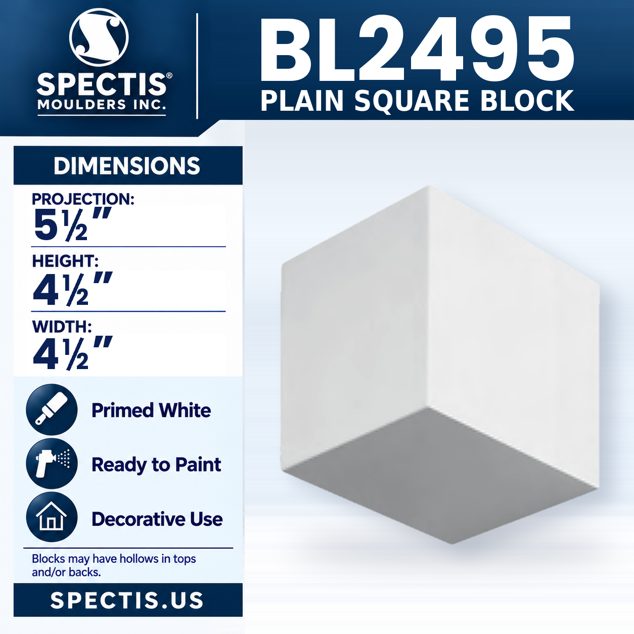 BL2495 Plain Square Block 4.5"W x 4.5"H x 5.5"P