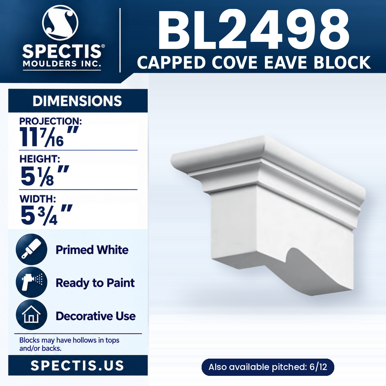 BL2498 Capped Cove Eave Block 5.75"W x 5.125"H x 11.4375"P