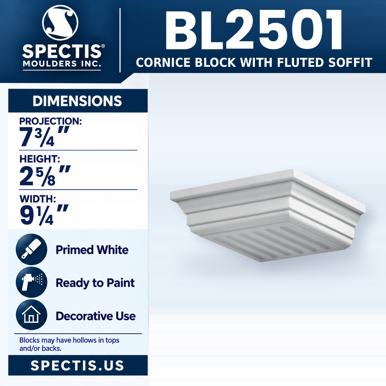 BL2501 Cornice Block with Fluted Soffit 9.25"W x 2.625"H x 7.75"P