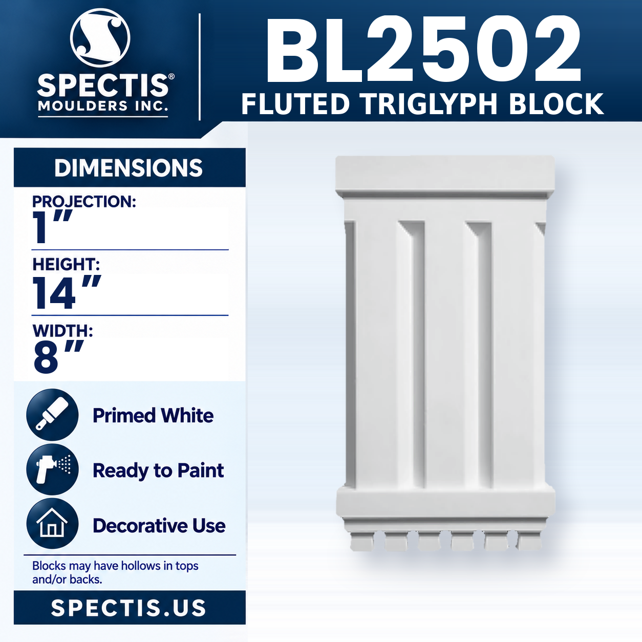 BL2502 Fluted Triglyph Block 8"W x 14"H x 1"P