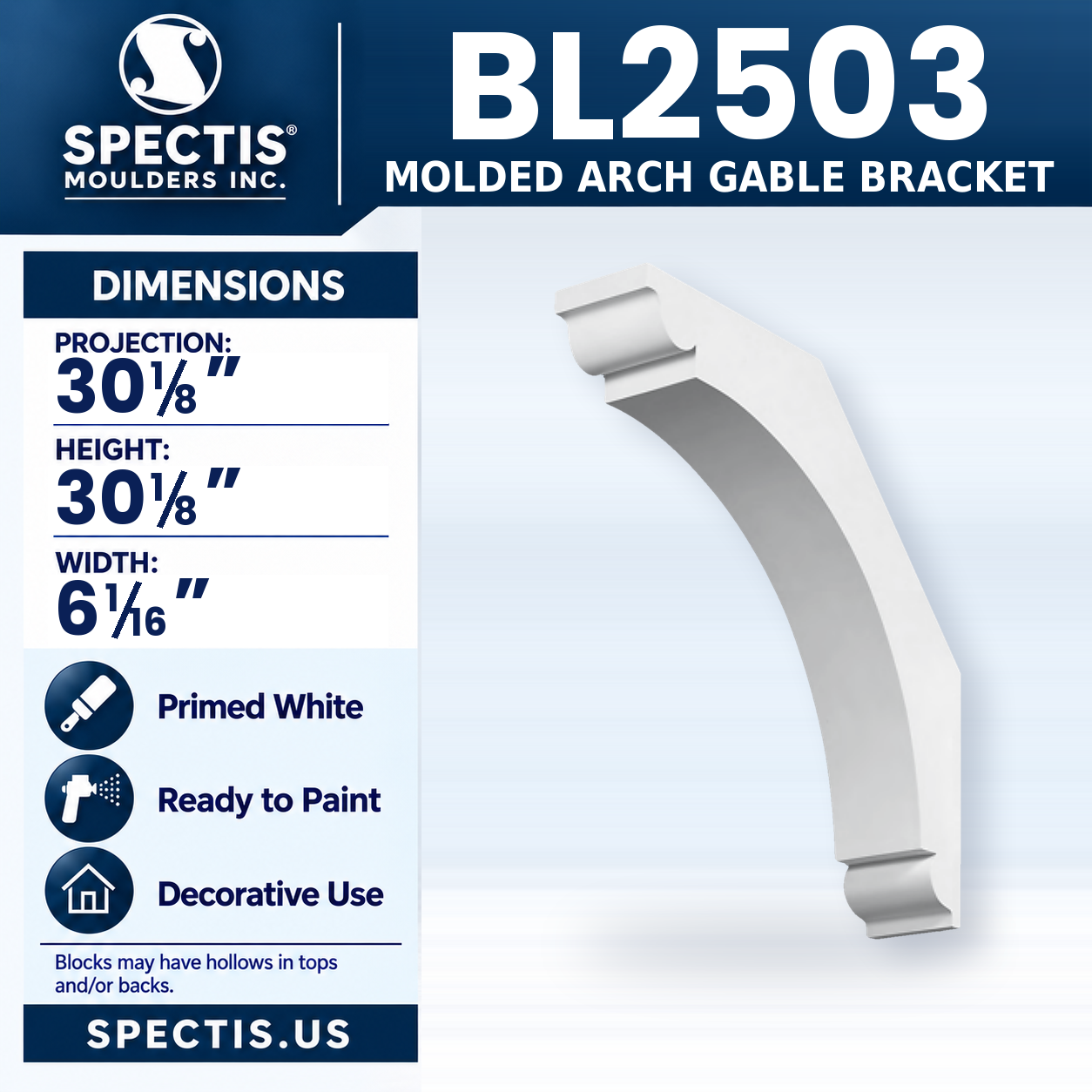 BL2503 Molded Arch Gable Bracket 6.0625"W x 30.125"H x 30.125"P