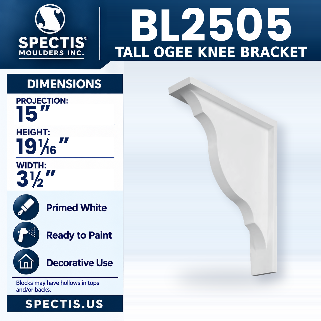 BL2505 Tall Ogee Knee Bracket 3.5"W x 19.0625"H x 15"P
