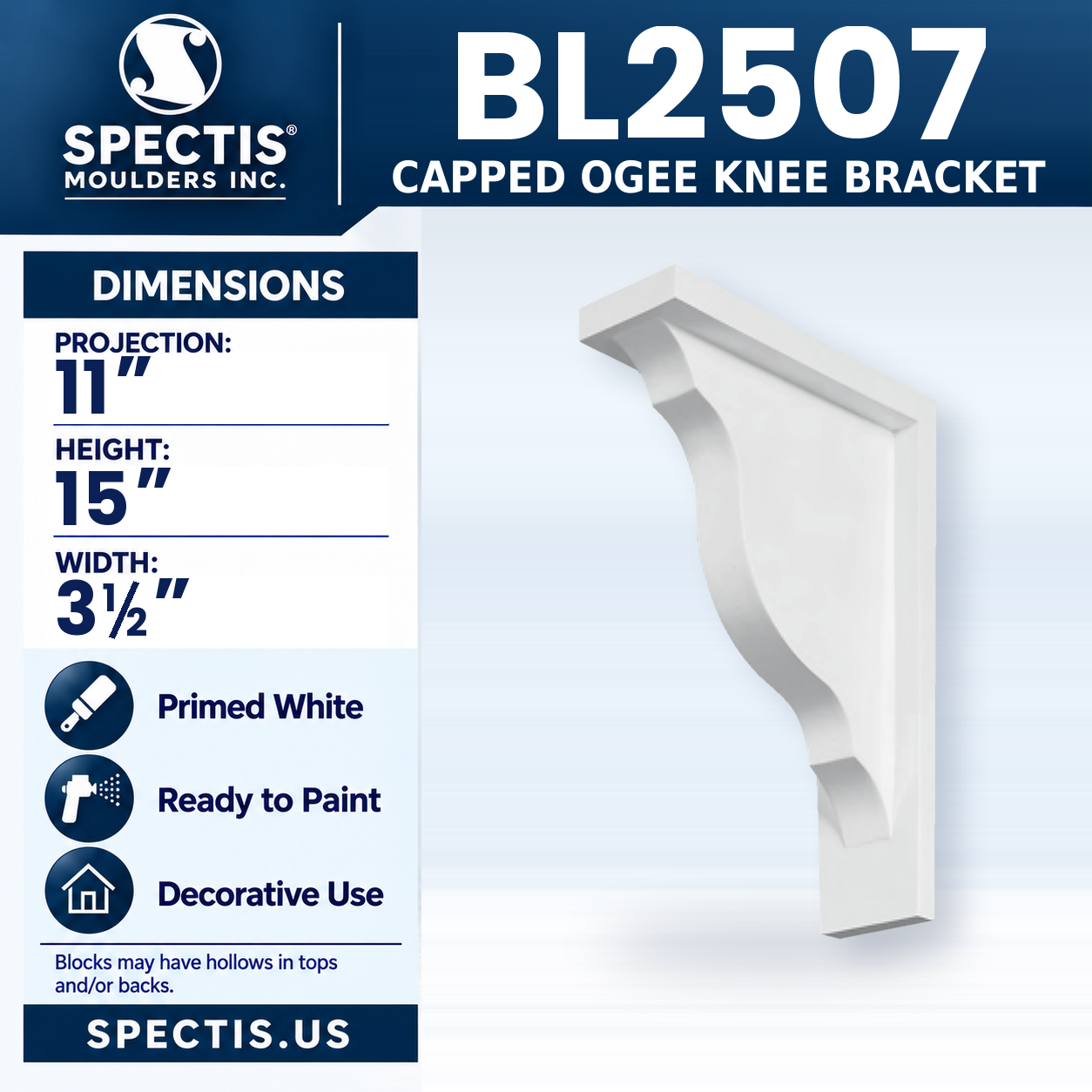 BL2507 Capped Ogee Knee Bracket 3.5"W x 15"H x 11"P