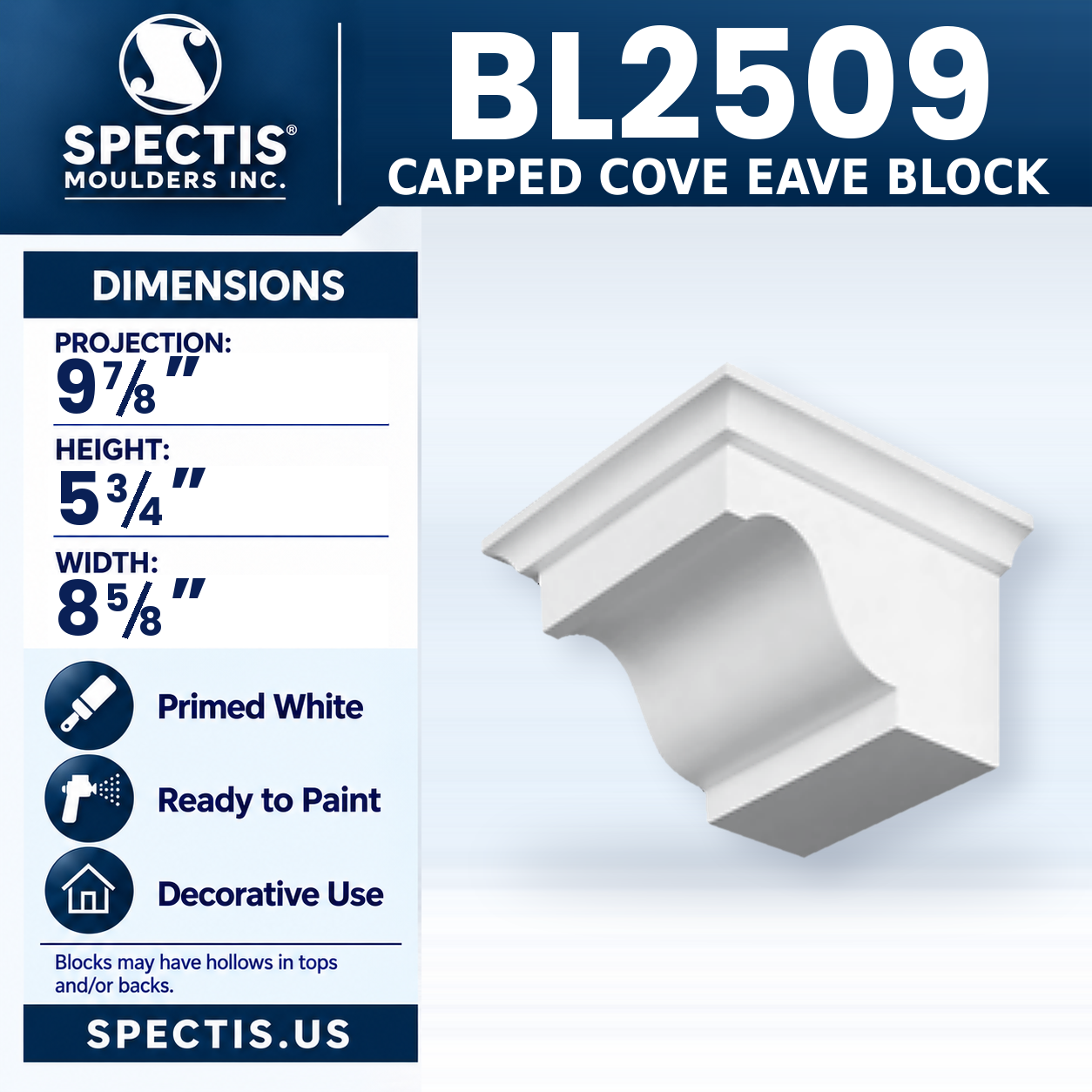 BL2509 Capped Cove Eave Block 8.625"W x 5.75"H x 9.875"P