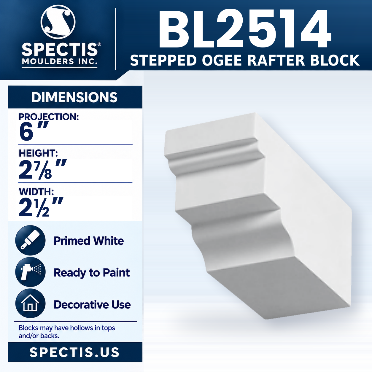 BL2514 Stepped Ogee Rafter Block 2.5"W x 2.875"H x 6"P
