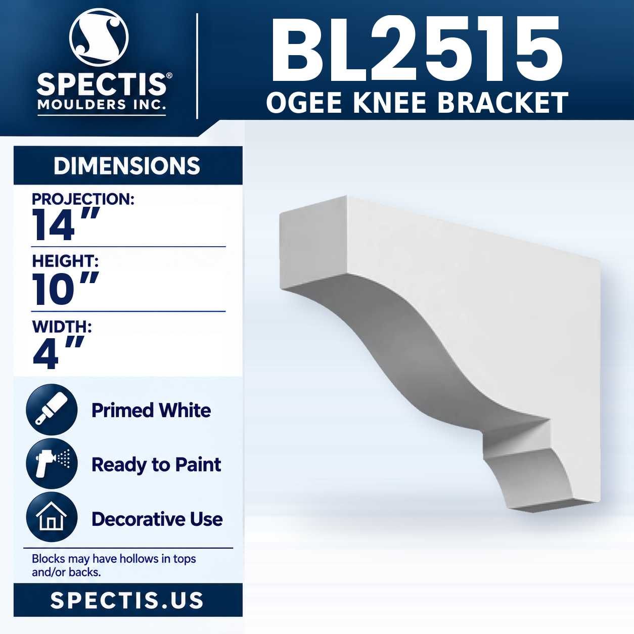 BL2515 Ogee Knee Bracket 4"W x 10"H x 14"P