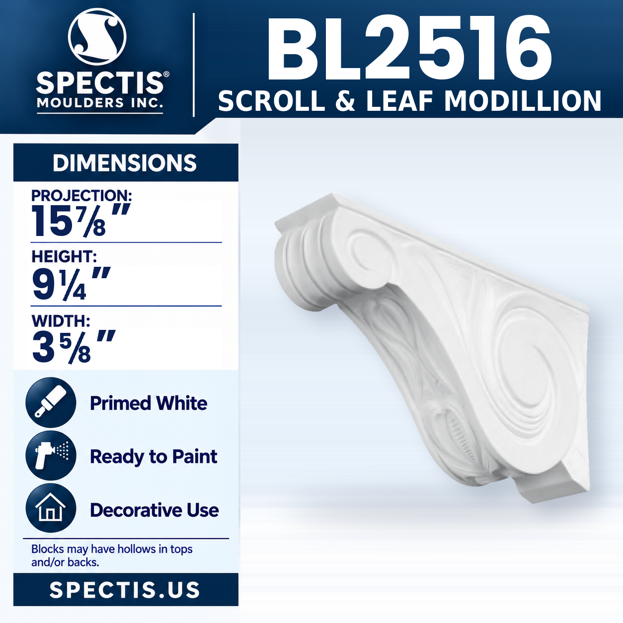 BL2516 Scroll & Leaf Modillion 3.625"W x 9.25"H x 15.875"P