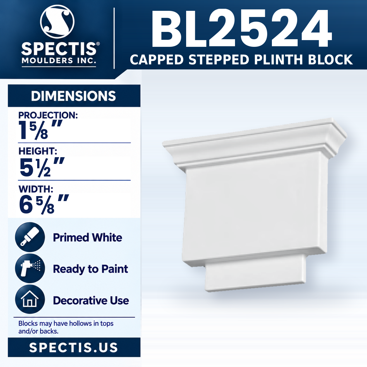 BL2524 Capped Stepped Plinth Block 6.625"W x 5.5"H x 1.625"P