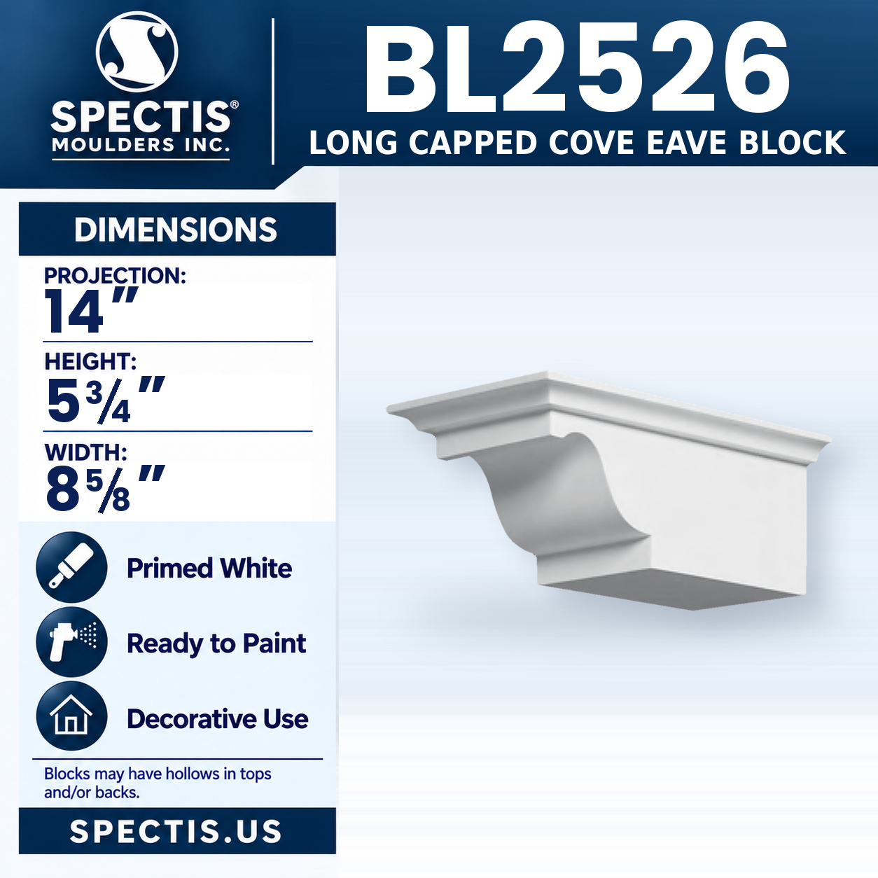 BL2526 Long Capped Cove Eave Block 8.625"W x 5.75"H x 14"P