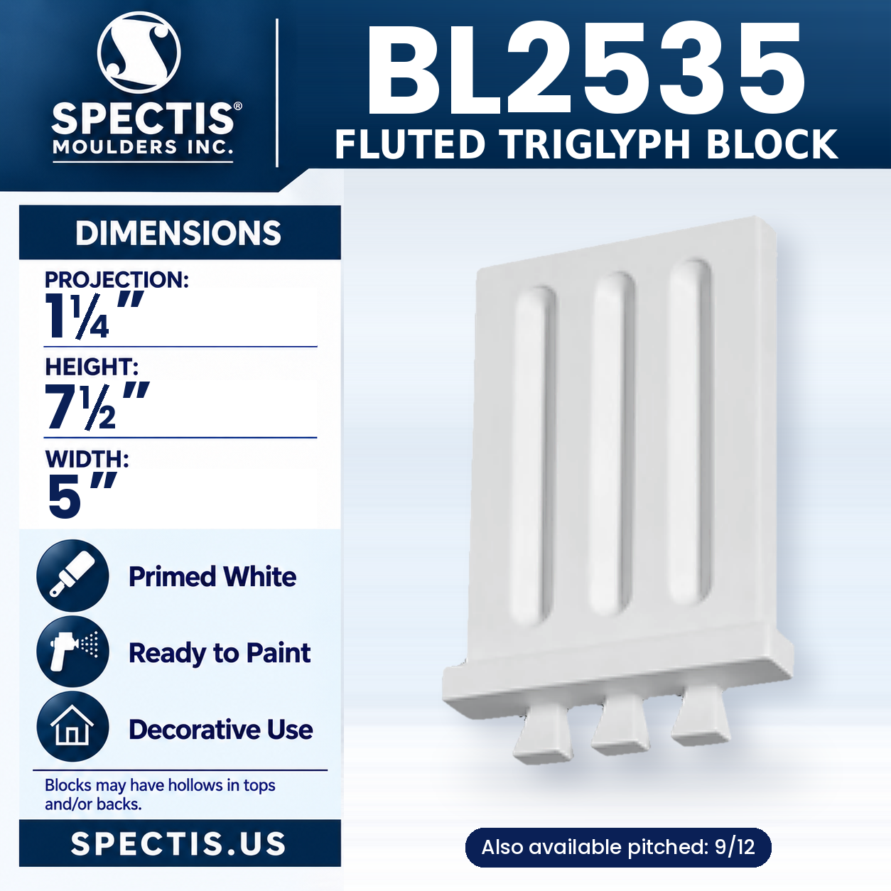 BL2535 Fluted Triglyph Block 5"W x 7.5"H x 1.25"P