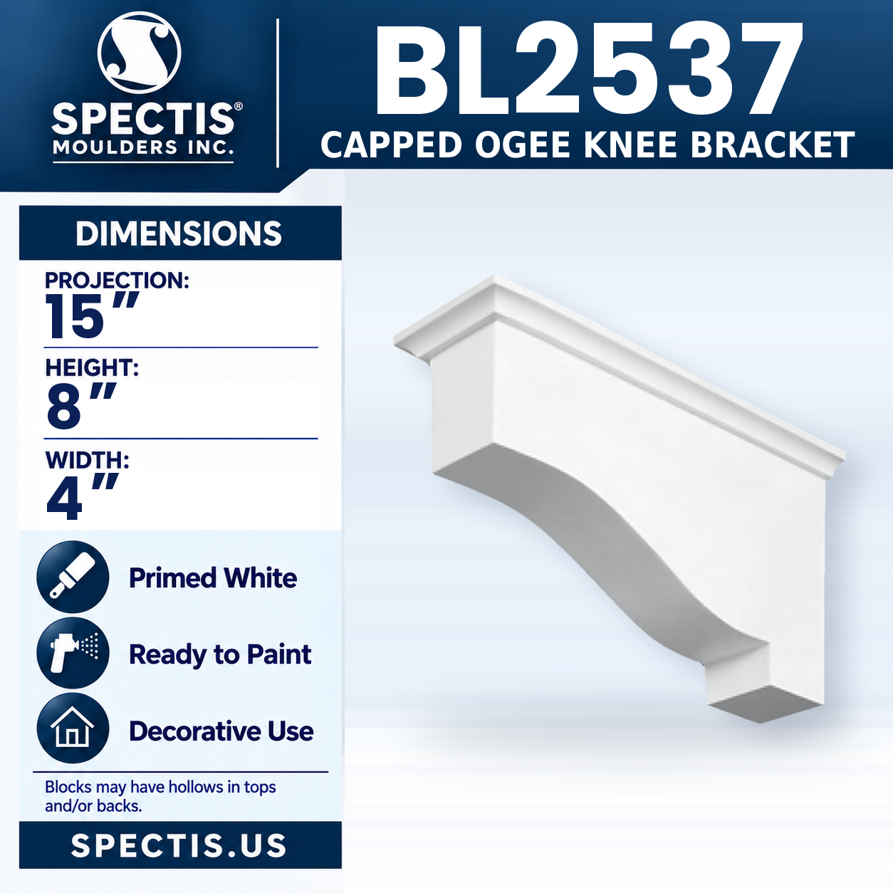 BL2537 Capped Ogee Knee Bracket 4"W x 8"H x 15"P