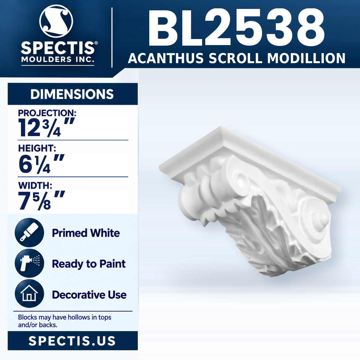 BL2538 Acanthus Scroll Modillion 7.625"W x 6.25"H x 12.75"P