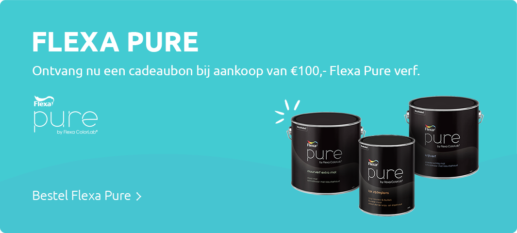 Flexa Pure: ontvang een cadeaubon bij aankoop van €100,- aan Flexa Pure verf, met drie blikken Flexa Pure verf en een knop ‘Bestel Flexa Pure