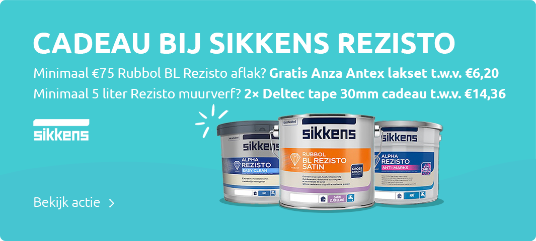 Actie Sikkens Rezisto: bij €75 aan Rubbol BL Rezisto aflak krijg je een gratis Anza Antex lakset (t.w.v. €6,20). Bij 5 liter Rezisto muurverf ontvang je 2× Deltec tape 30 mm cadeau (t.w.v. €14,36).