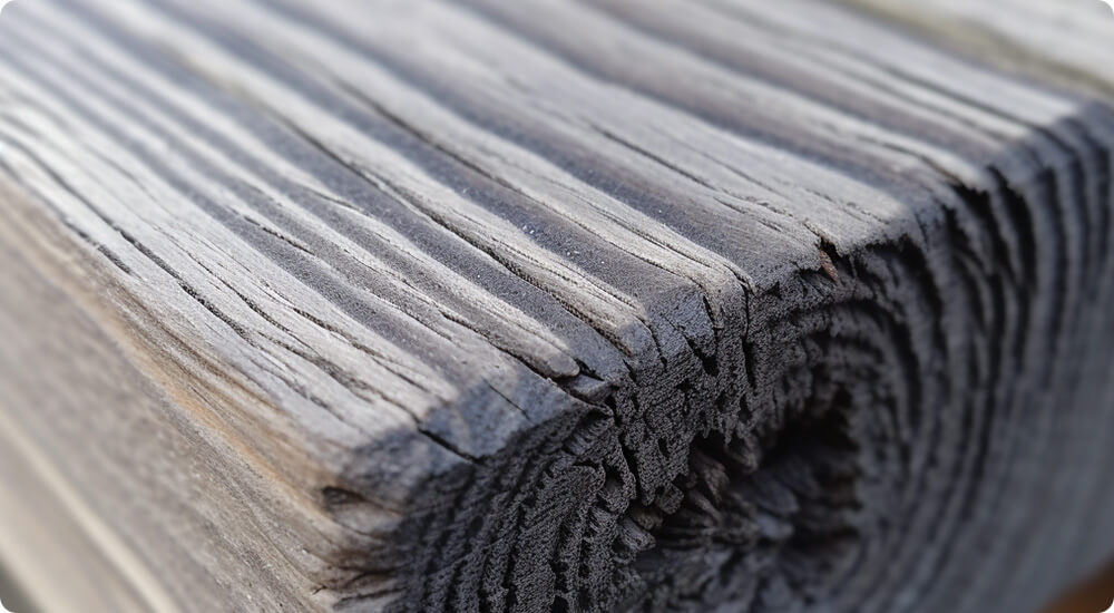 Close-up van een houten balk die behandeld is met grey wash beits