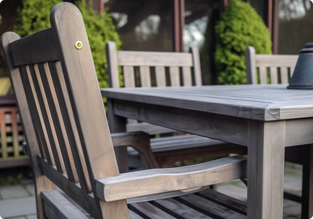 Houten tuinstoelen en een deel van een tuintafel, die behandeld zijn met grey wash beits