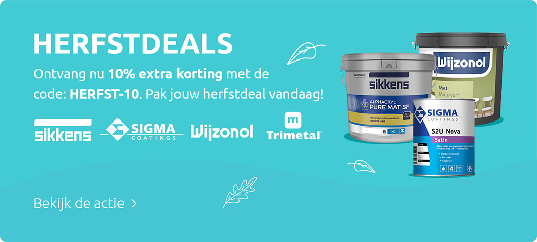 Promobanner “HERFSTDEALS” met 10% extra korting (code: HERFST-10), logos van Sikkens, Sigma, Wijzonol, Trimetal en verfblikken; knop “Bekijk de actie”.