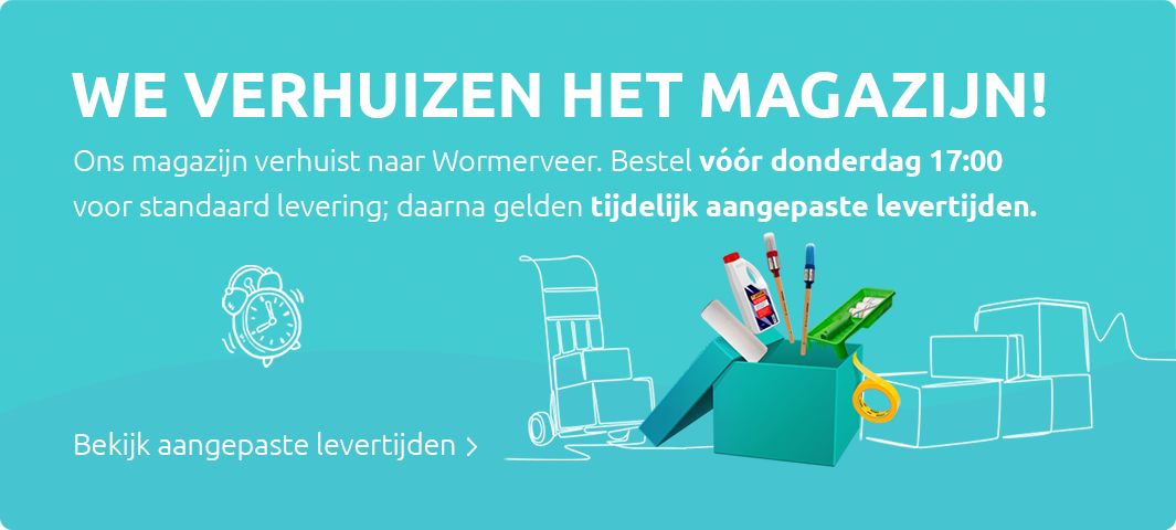 Banner met tekst: 'We verhuizen het magazijn! Ons magazijn verhuist naar Wormerveer. Bestel vóór donderdag 17:00 voor standaard levering; daarna gelden tijdelijk aangepaste levertijden.' Afbeelding met verhuisdozen, verfrollers en gereedschap. Knop met tekst: 'Bekijk aangepaste levertijden'