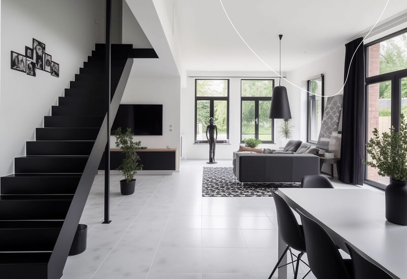 Een woonkamer ingericht met zwart en witte kleuren voor een modern interieur