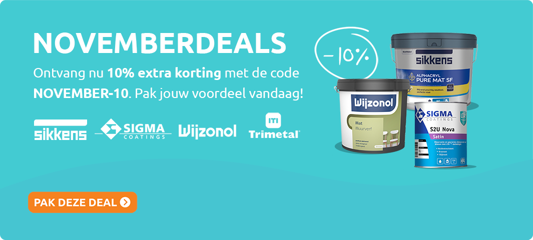 Banner “Novemberdeals”: ontvang 10% extra korting met code NOVEMBER-10. Merken: Sikkens, Sigma, Wijzonol, Trimetal. Afbeelding van verfemmers. Knop: Pak deze deal