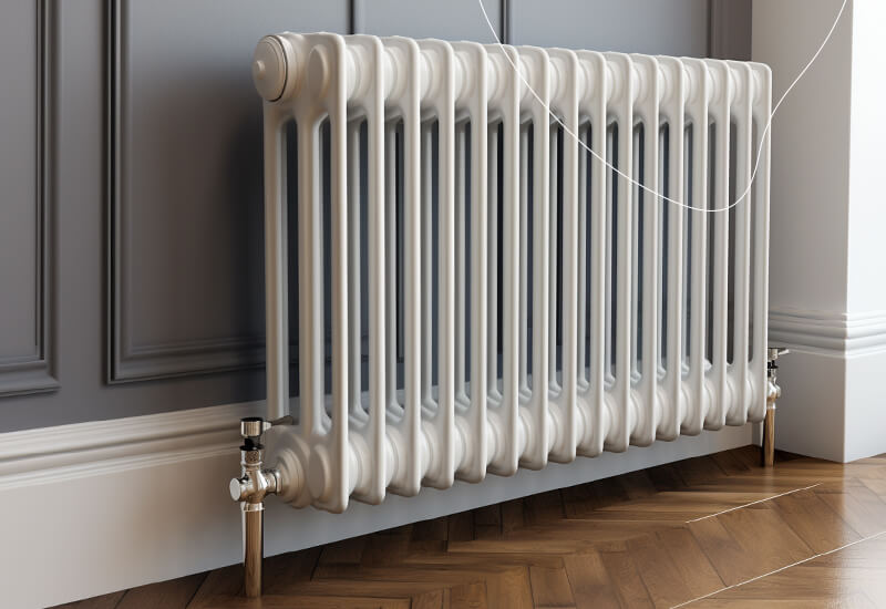 Een wit geverfde radiator met daarachter een witte plint en grijze lambrisering. 