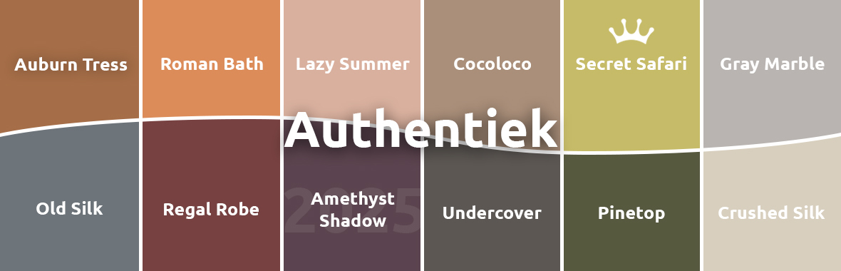 Kleurenpalet ‘Authentiek’ met tegels: Auburn Tress, Roman Bath, Lazy Summer, Cocoloco, Secret Safari (uitgelicht met kroontje), Gray Marble, Old Silk, Regal Robe, Amethyst Shadow, Undercover, Pinetop en Crushed Silk.