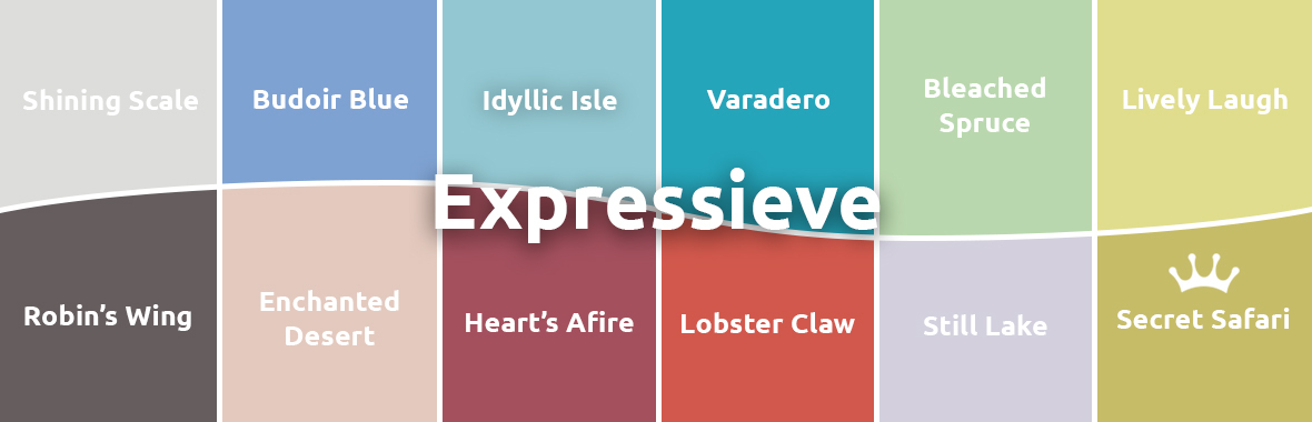 Kleurenpalet ‘Expressieve’ met tegels: Shining Scale, Boudoir Blue, Idyllic Isle, Varadero, Bleached Spruce, Lively Laugh, Robin’s Wing, Enchanted Desert, Heart’s Afire, Lobster Claw, Still Lake en Secret Safari (uitgelicht met kroontje).