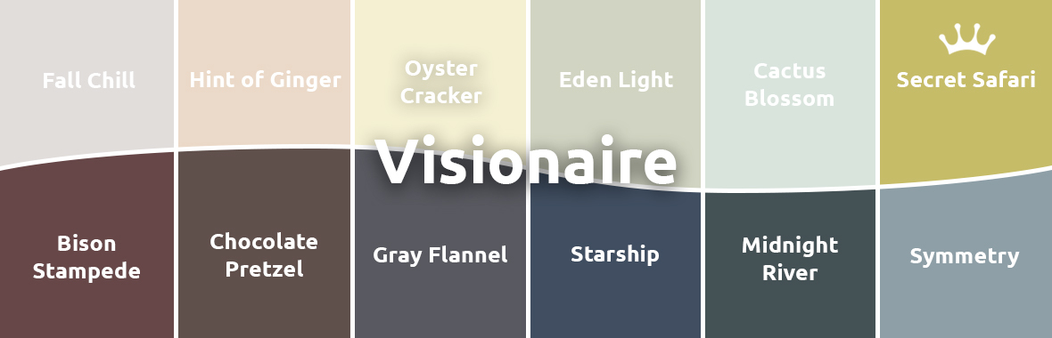 Kleurenpalet ‘Visionaire’ met tegels: Fall Chill, Hint of Ginger, Oyster Cracker, Eden Light, Cactus Blossom, Secret Safari (uitgelicht met kroontje), Bison Stampede, Chocolate Pretzel, Gray Flannel, Starship, Midnight River en Symmetry.