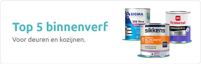 Top 5 binnenverf, voor deuren en kozijnen, met 1 liter blikken van de Sigma S2U Nova Satin, Sikkens Rubbol BL Rezisto Satin en Trimetal Permacryl XR Satin.