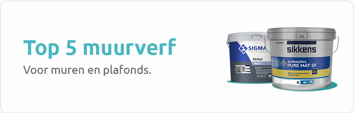 Banner: “Top 5 muurverf – Voor muren en plafonds” met verfemmers van Sikkens Alphacryl Pure Mat SF en Sigma Perfect Matt. 