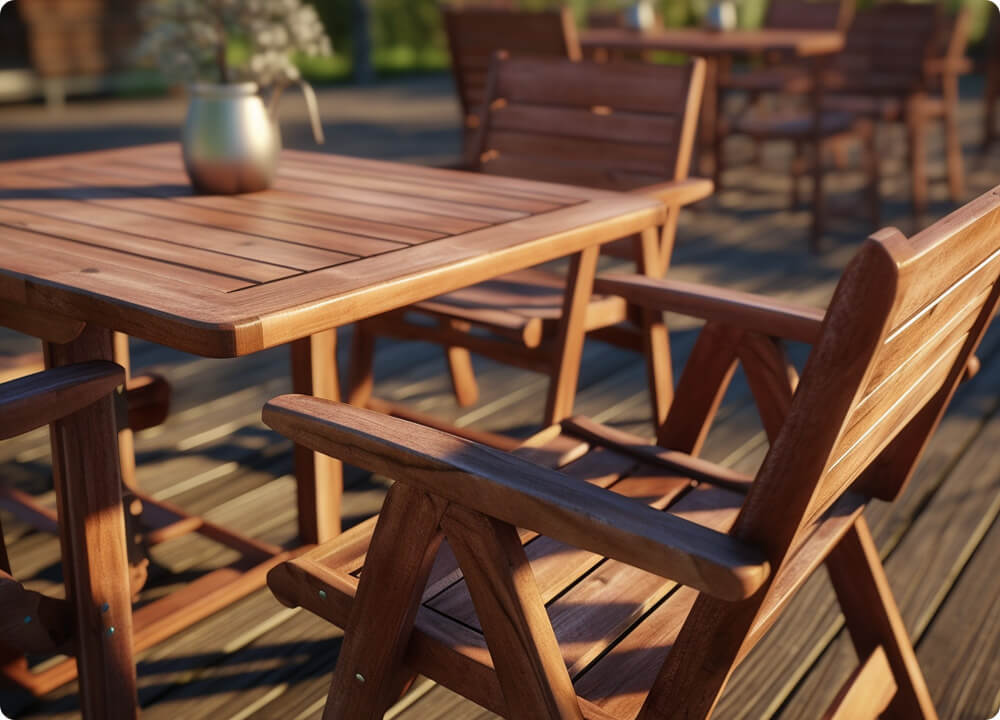 Houten tuinstoelen en een tuintafel die behandeld zijn met transparante beits op een vlonder