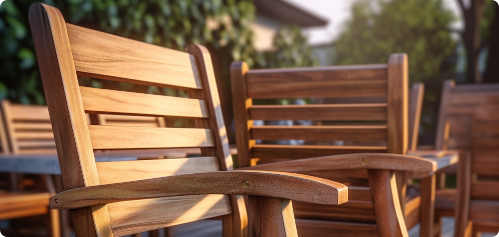 Houten tuinstoelen die zijn behandeld met een transparante, filmvormende afwerking