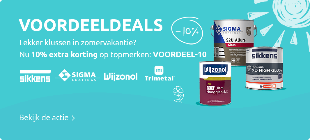 Voordeeldeals: 10% korting op topmerken Sikkens, Sigma, Wijzonol en Trimetal. Rechtboven een zonnetje met daaronder blikken Sikkens Rubbol XD High Gloss en de Sigma S2U Allure Gloss.