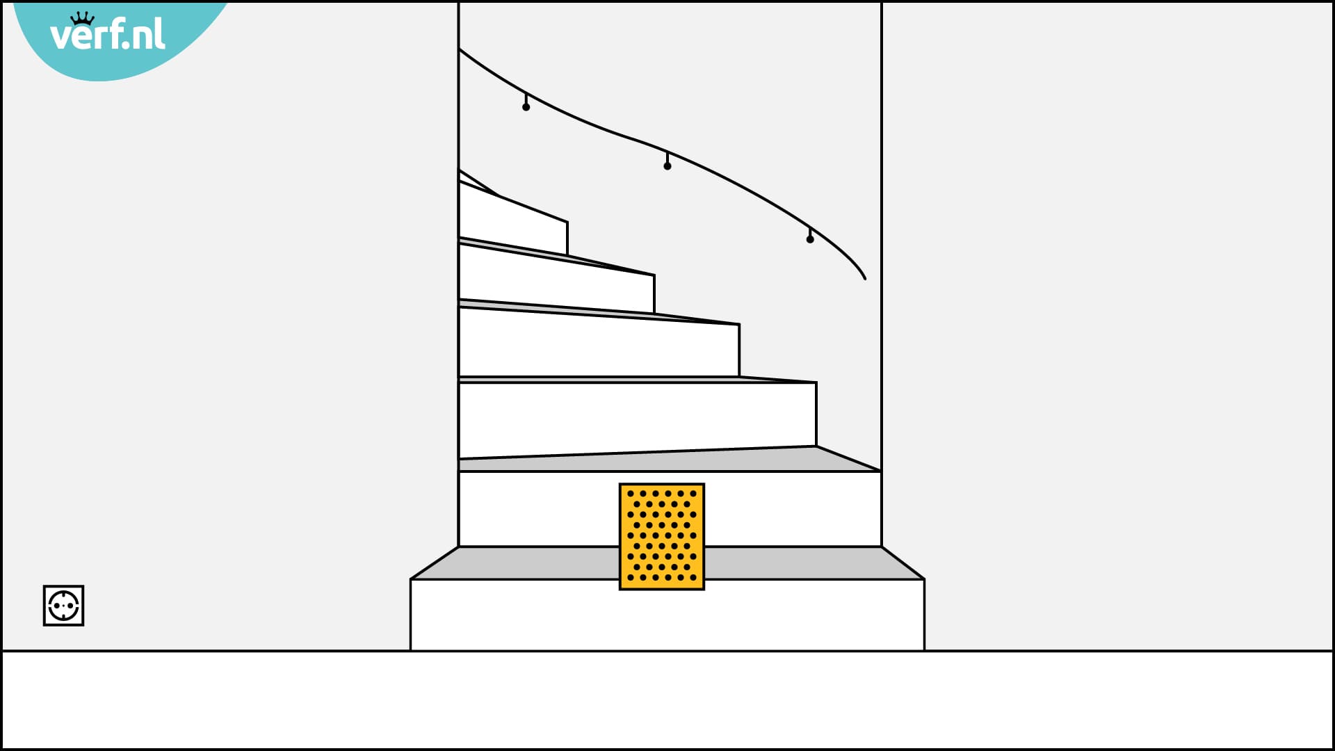 Animatie trap schilderen. Schuur de trap met een gele schuurpad.