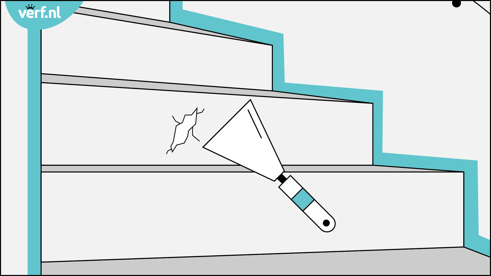 Animatie trap schilderen. Repareer eerst met een reparatiemiddel en plamuurmes.