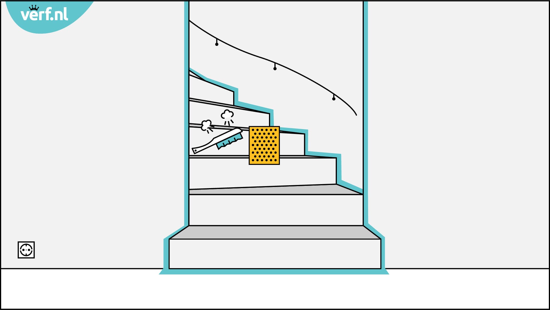 Animatie trap schilderen. Schuur na reparatie goed glad, en stof het oppervlak af.