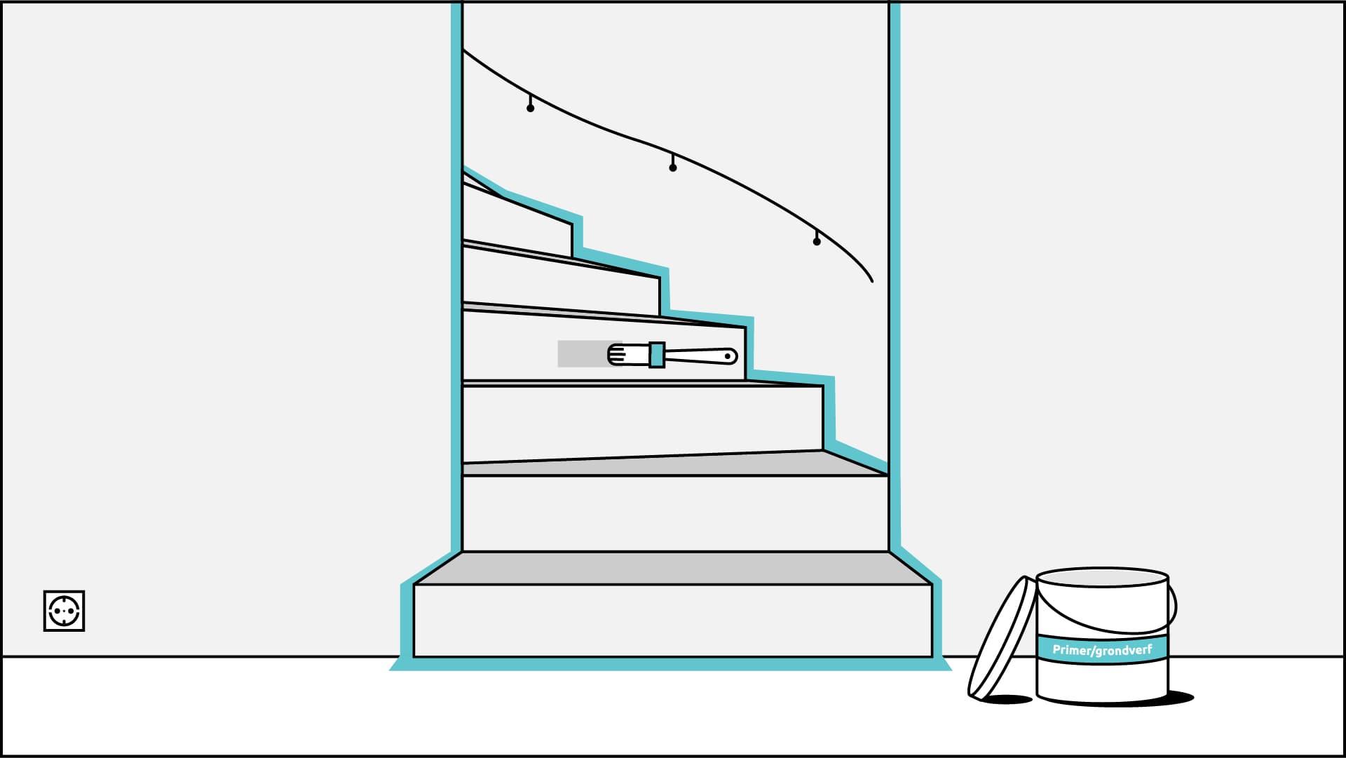 Animatie trap schilderen. Breng nogmaals een laag grondverf aan.