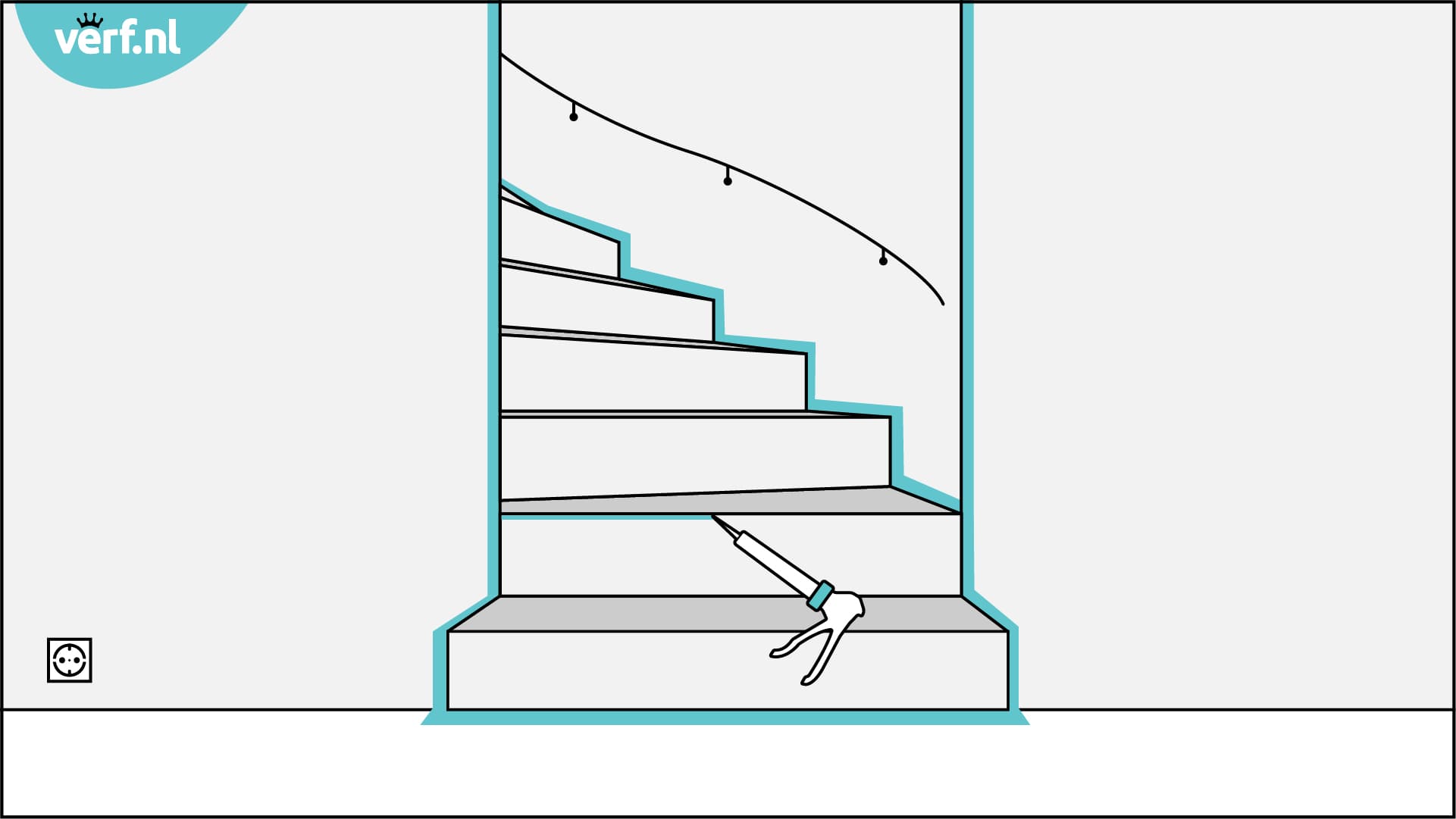 Animatie trap schilderen. Schuur en stof nogmaals, en kit de naden en kieren goed dicht.