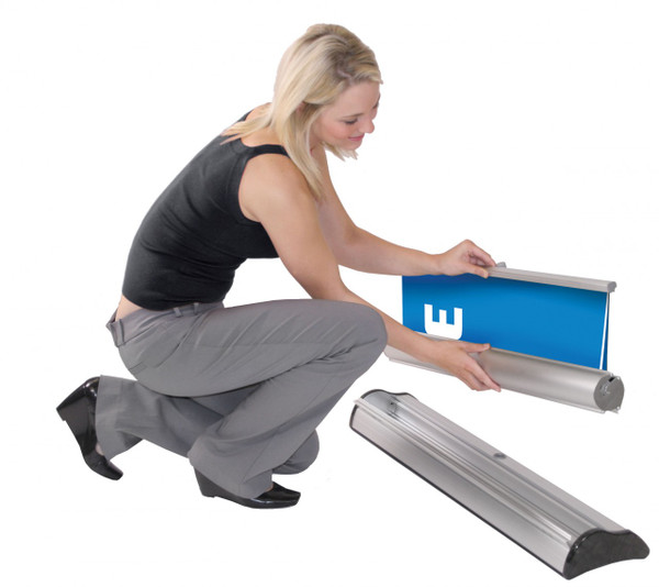 Imagine 800 Retractable Banner Stand 31.5” wide single-sided with tension control, removable & interchangeable graphic cassette, form molded bag and telescopic pole