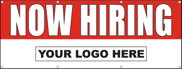Now Hiring Vinyl Banner Sign with Horizontal Your Company Logo Red Background with Bold White Lettering and Your Rectangle Custom Logo