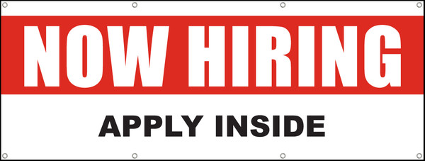 Now Hiring Apply Inside Banner Sign Red Background with Bold White Lettering and Apply Inside with Black Lettering